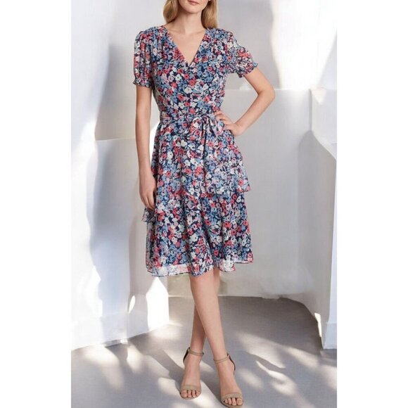 Tahari Womens Navy Vneck Short Sleeve Tiered Multicolor Surplice Dress NEW 2 - Picture 2 of 13